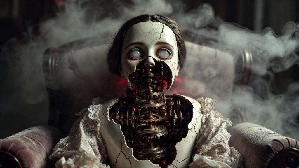 The Clockwork Mourner 1892 haunted doll with glowing red gears.