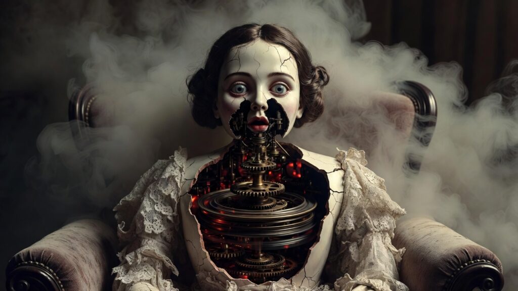 The Clockwork Mourner 1892 Victorian haunted doll sitting in a decayed armchair surrounded by fog, with exposed mechanical gears and glowing red lights.