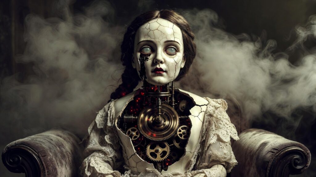 Haunted Victorian porcelain doll with cracked face and exposed clockwork gears, known as the Clockwork Mourner.